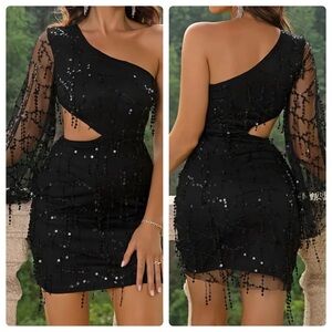 Black One Shoulder Sequin Tassel Bodycon Dress